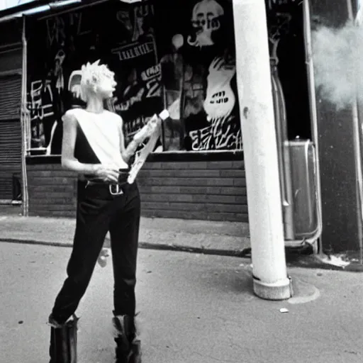 Prompt: androgynous punk smoking cigarette outside bar, photo kodachrome