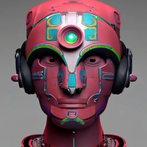 Prompt: a claymodel of a dieselpunk aztec futuristic robot head wearing an emotiv eeg - headset, 8 k, front shot, symetrical, flourescent colors, halluzinogenic, multicolored, insanely detailed, front shot, bust shot, 3 d render, octane