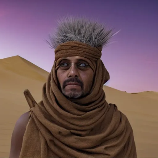 Image similar to man wearing tan turban in the desert Tusken Raider Dune (2021) Witch-king of Angmar. Desert twilight purple sunset beautiful art by Roger Deakins Jeremy Saulnier Newton Thomas Sigel Robert Elswit Greig Fraser trending rtx on ue5