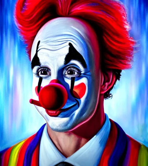 Image similar to justin trudeau as a clown, oil on canvas, deep depth field, masterpiece, cinematic composition, hyper - detailed, hd, hdr