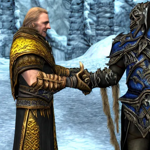 Prompt: arthas menethil shaking hands with skyrim's dragonborn