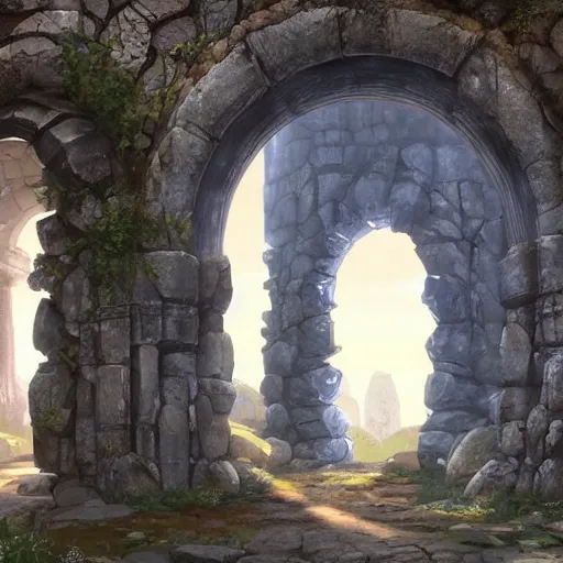 Image similar to concept art painting of an ancient ornate stone archway that is a portal to another world, inside the arch is a magical portal to another dimension, in the woods, realistic, detailed, cel shaded, in the style of makoto shinkai and greg rutkowski and james gurney