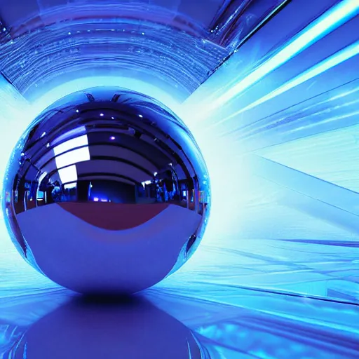 Prompt: chrome orb surrounded by short glowing rods, blue tones, octane render, cinematic, dramatic lighting, beautiful cgi, redshift renderer, splash page, graphic design