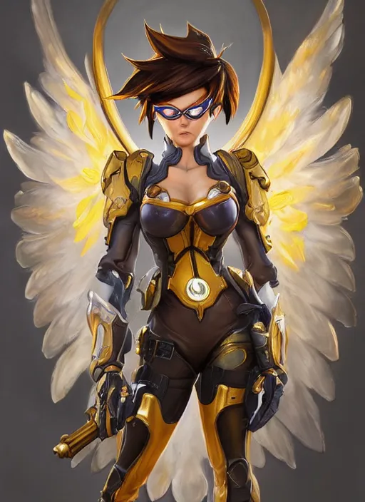 Prompt: full body oil painting of tracer overwatch in the style of mark arian, angel wings, angelic golden armor, dramatic painting, symmetrical composition, ornate, high detail, gold detailed collar, blooming, lights, flowers, detailed face,