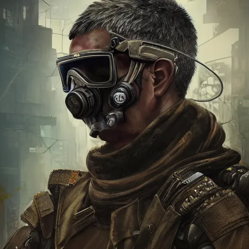 Image similar to 8K detailed realistic illustration of a post-apocalyptic cyberpunk Indonesia war general in the style of leonard boyarsky, high resolution