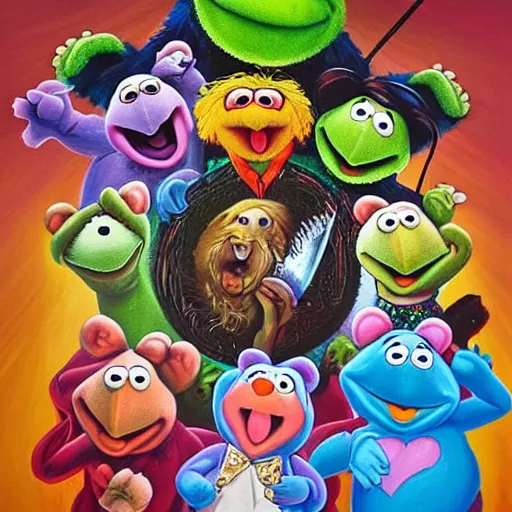 Image similar to “ a detailed painting of the muppets doing an exorcism on a possessed care bear, demonic possession, ominous and dark ritual, divine chaos, surreality, detailed, ultrasharp ”