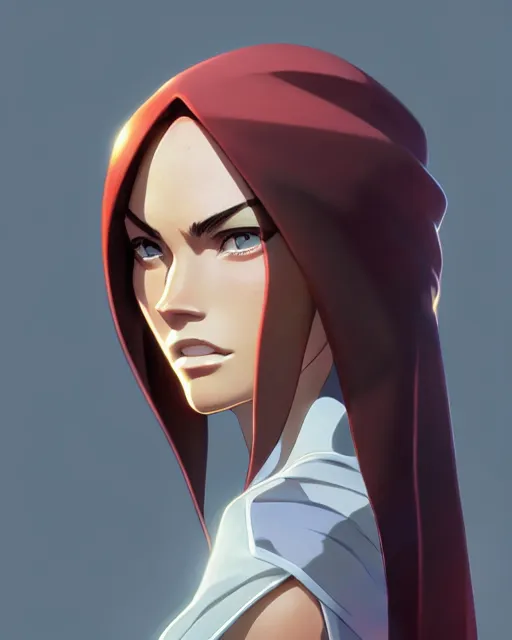 Image similar to azctec wizard, megan fox, gemstone forehead, detailed perfect face, exquisite details, fire magic, mid view, design on a white background, by studio muti, greg rutkowski makoto shinkai takashi takeuchi studio ghibli