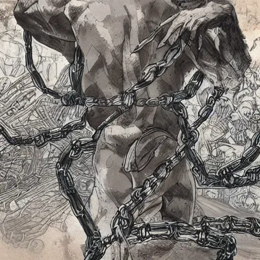 Image similar to A FULL BODY PORTRAIT FROM BEHIND OF MADARA UCHICHA ,THE MAN KEEPS A KUSARIGAMA AND IT IS WRAPPED IN CHAINS ,detailed, concept art, ink style , sketch