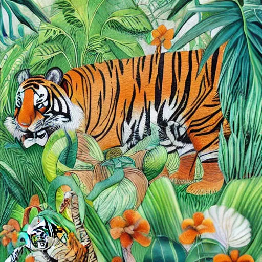 Image similar to detailed illustration, a tiger and elephant in the style of may gibbs, layered composition, layers, texture, textured, layered, sculpted, dynamic, jungle, tropical, 🌱, 🦋,