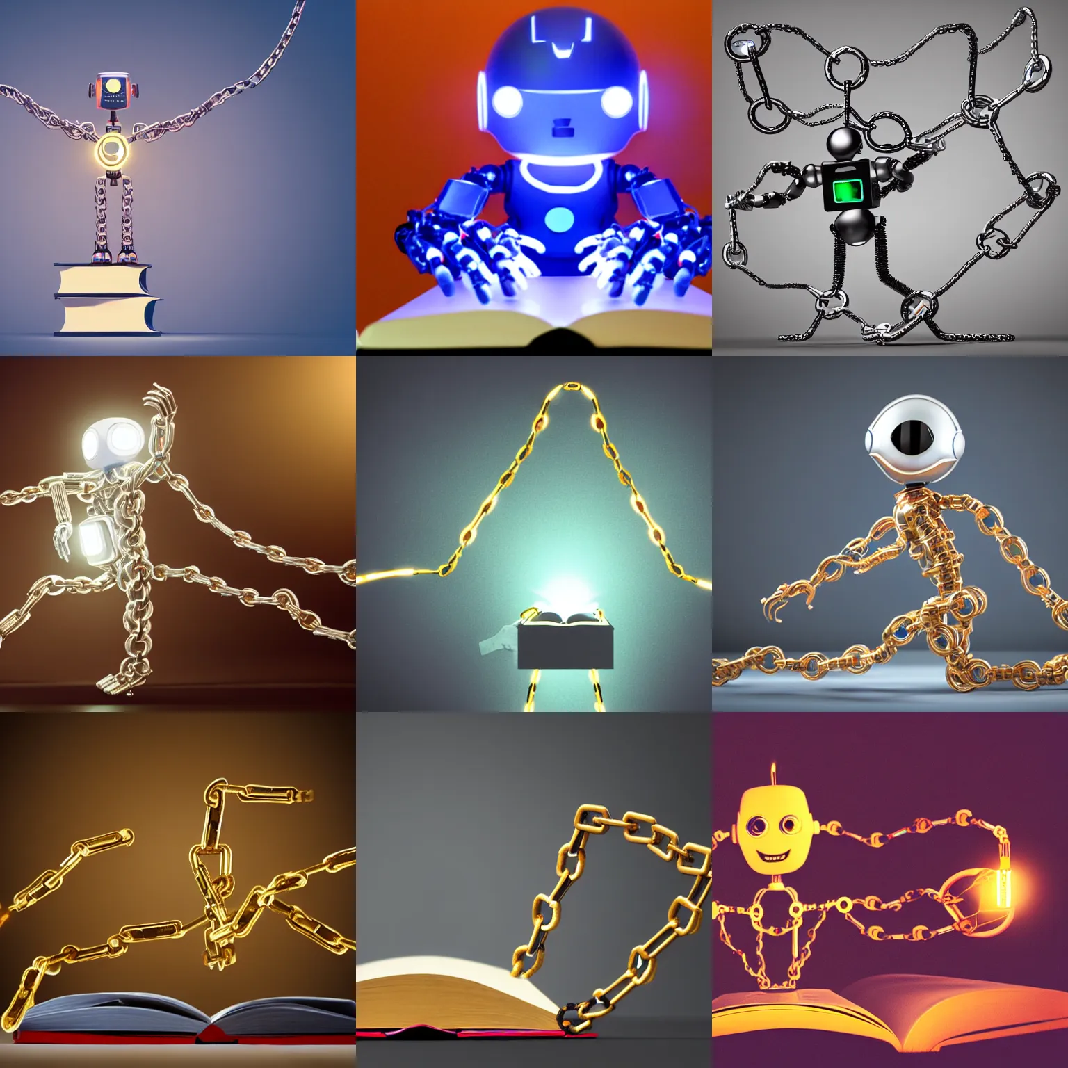 Prompt: chained robotic humanoid wearing chains reaching for glowing book