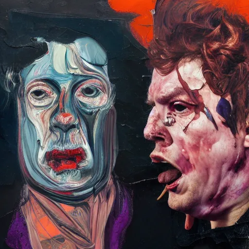 Image similar to high quality high detail painting of two extremely angry men by lucian freud and jenny saville and francis bacon and malcom liepke and nicola samori, hd, anxiety, turquoise and purple and orange and pink, dark atmosphere