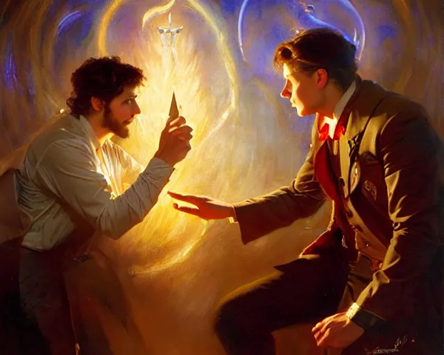 Image similar to attractive magician man, casting light magic, summoning a handsome god. highly detailed painting by gaston bussiere, craig mullins, j. c. leyendecker 8 k