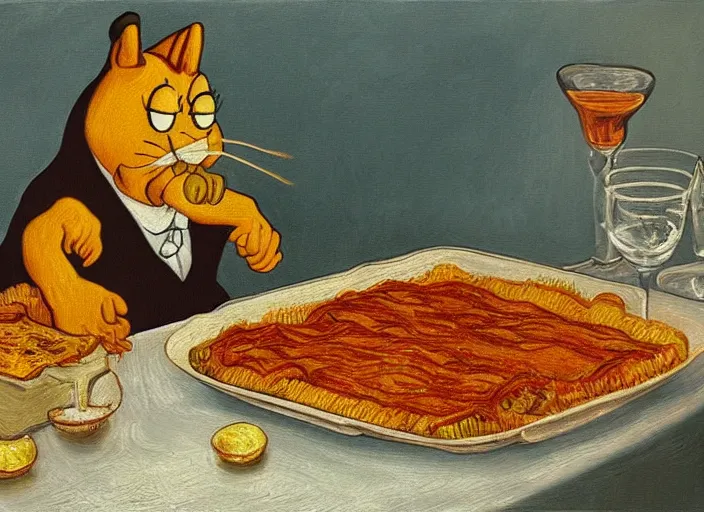 Prompt: detailed realistic realism painting of garfield eating lasagna at dusk, in the style of vincent van gogh and salvador dali and leonardo da vinci