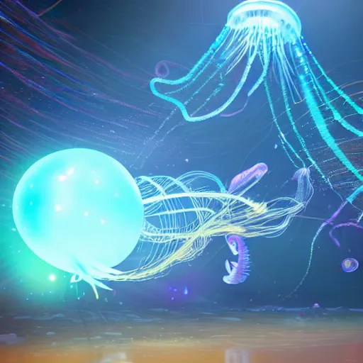 Prompt: a jellyfish with a bright biosphere in its head floating in space, long neon tentacles, meteor shower background unreal engine render, hyper realistic, ultra detailed