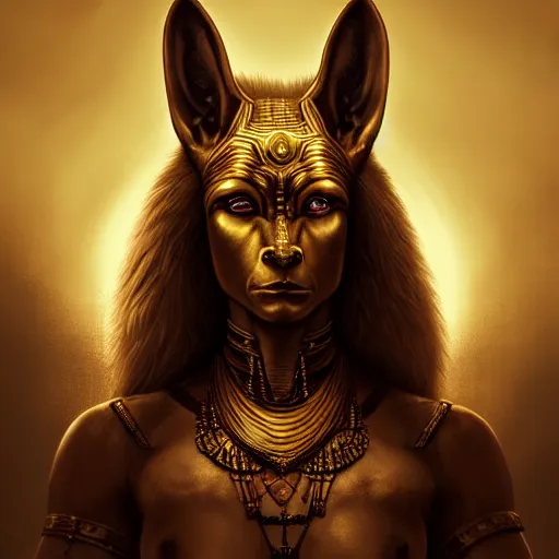 Image similar to Majestic gracious Anubis female warrior portrait, atmospheric lighting, painted, intricate, volumetric lighting, beautiful, rich deep colours masterpiece, golden hour, sharp focus, ultra detailed, by Leesha Hannigan, Ross Tran, Thierry Doizon, Kai Carpenter, Ignacio Fernández Ríos