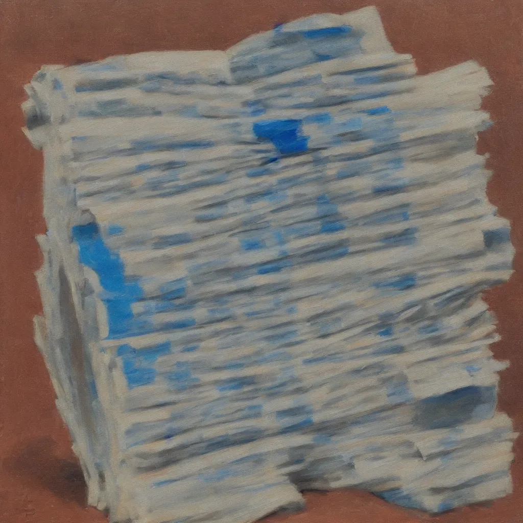 Prompt: oil painting of a very thick roll of newspaper standing vertically against a blue background, impressionist artwork
