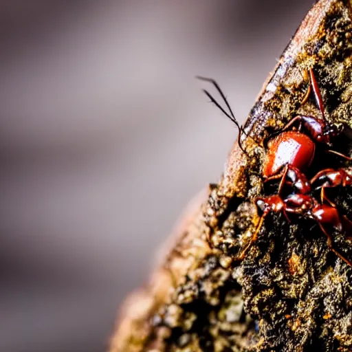 Prompt: a colony of ants crawling all over a rotten and moldy apple on a wooden table, dslr photo, close up