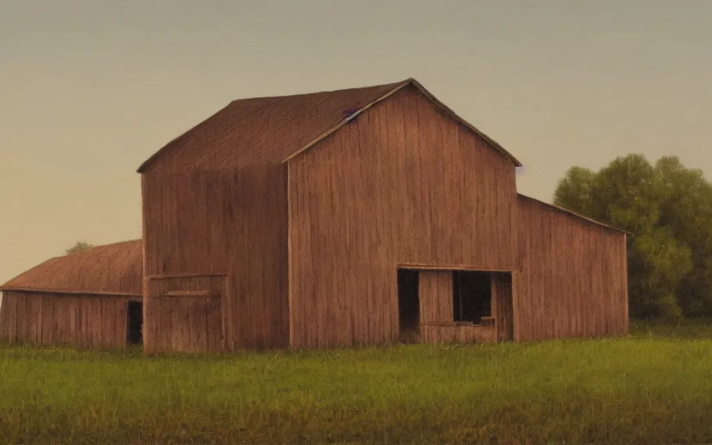 Image similar to a painting of an old haunted empty barn in summer evening, by peteris kalve, oil on canvas