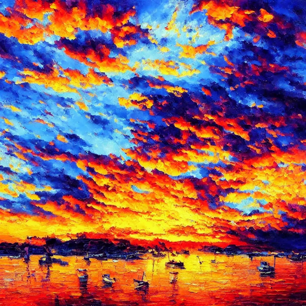 Image similar to an impasto oil painting of a stunning, colorful sunset painted by ken hong leung