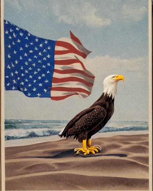 Image similar to postcard showing 'a cool bald eagle perched on a beach chair with shades and a beer bottle' laying in the sand, advertisement, american flag