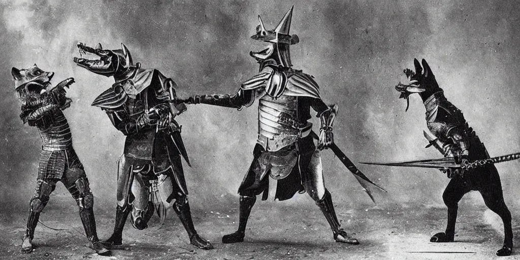 Prompt: an anthropomorphic fox furry fighting an evil knight who is twice as tall, 1 9 0 0 s photograph