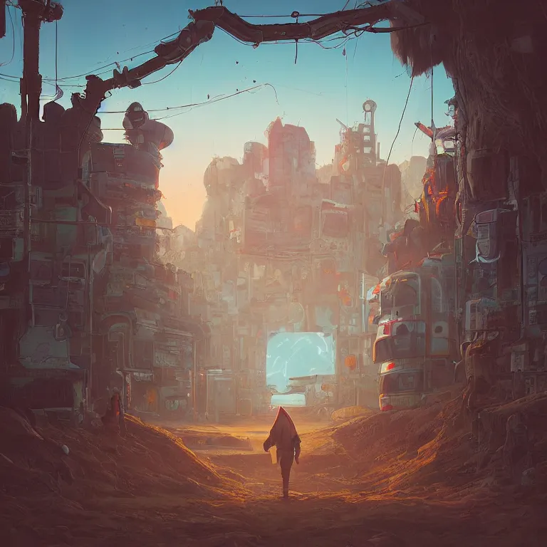 Prompt: through a portal. Detailed digital matte painting in the style of simon stalenhag