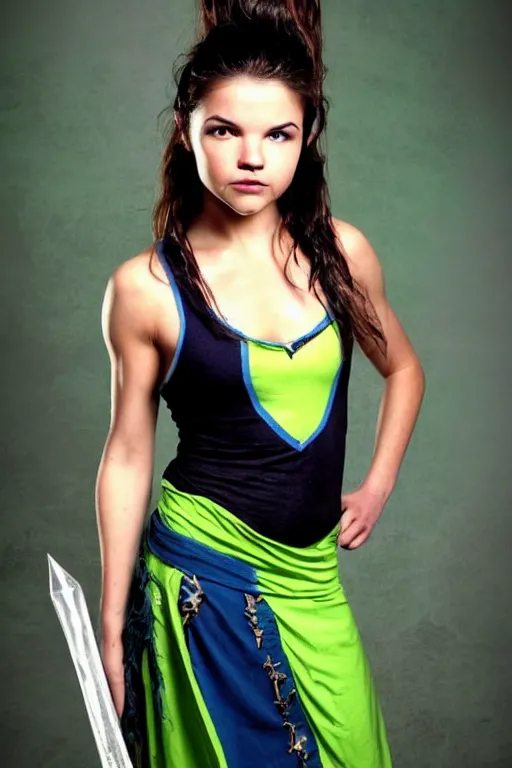 Image similar to fantasy character photo. facial expression of manic obsessive love. danielle campbell. black hair in ponytail. bright blue eyes. tall, lanky, athletic, wiry, slightly muscular. sleeveless light green dress. gleefully telling a bs story full of lies