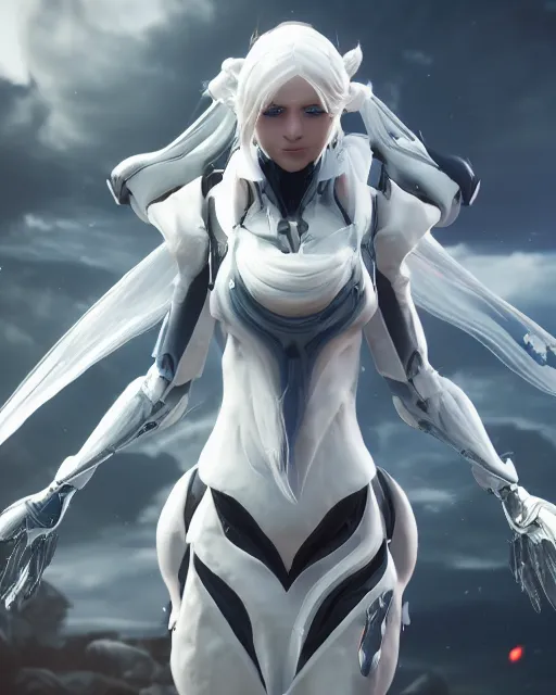 Prompt: perfect white haired girl, warframe armor, beautiful, detailed, windy weather, scifi platform, laboratory, experiment, 4 k, ultra realistic, epic lighting, cinematic, high detail, masterpiece