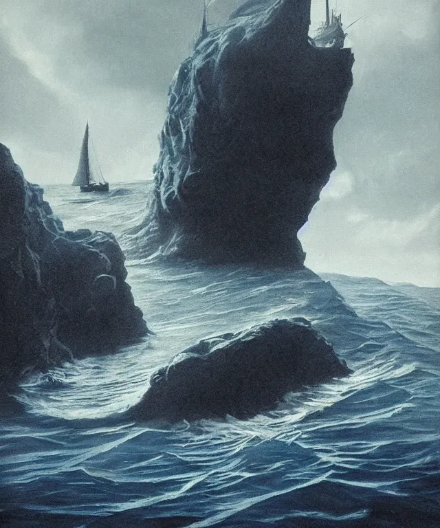 Image similar to photorealistic blue - toned photo of a 1 9 2 5 seiner sailing near a tropical skull - shaped cliff with the mouth of a sea cave at the waterline, dark, brooding, atmospheric, lovecraft, horror, smooth, epic, highly detailed, cinematic, by clyde caldwell