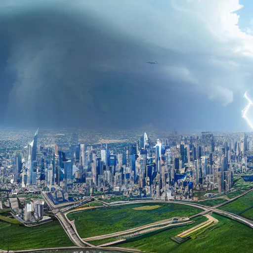 Image similar to Wide shot of colossal futuristic megacity towering across the landscape, thunder storm, Ralph McQuarrie, EOS-1D, f/16, ISO 200, 1/160s, 8K