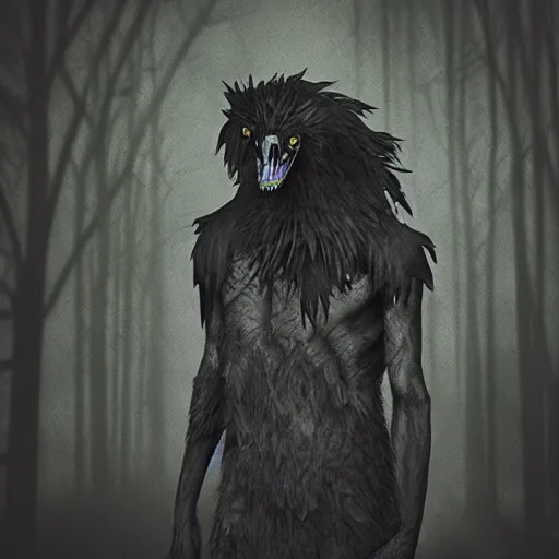 Image similar to werecreature consisting of a crow and a human, featured on artstation, photograph captured in a dark forest