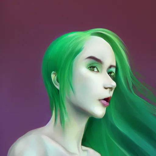 Image similar to Woman with green hair and white skin, walking to the super market ,light lighting, digital art, trending on artstation, oil on canvas