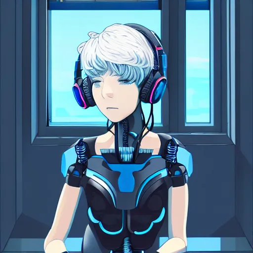 Prompt: cyborg - girl with silver hair, wearing headphones, and sitting on a window sill, highly detailed, painting, dark blue and black color palette, intricate, high quality anime artstyle, in the style of wlop