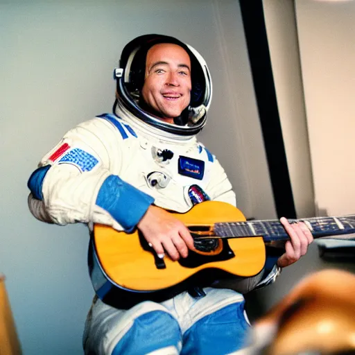 Image similar to photo of astronaut playing guitar, cinestill, 800t, 35mm, full-HD