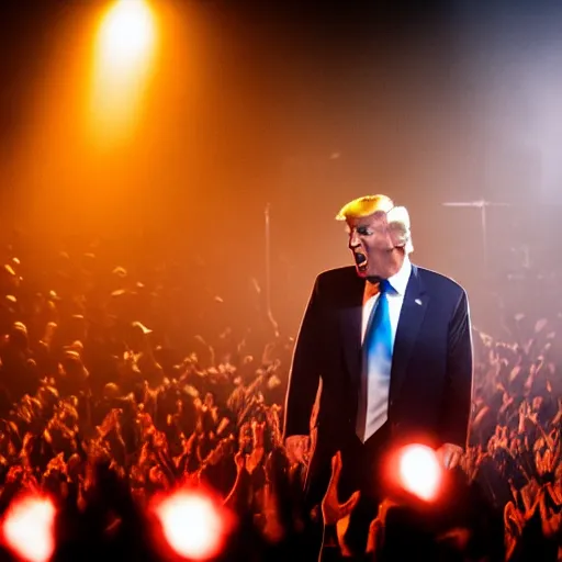 Image similar to donald trump going crazy on stage as the lead singer in a black metal band, full makeup, large crowd, 5 0 mm lens, volumetric lighting