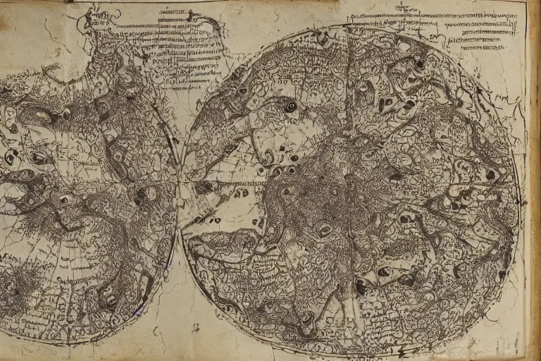 Image similar to intricate detailed ancient map of the regions of hell and the dimensions of the damned, technical cartography with annotations and notes in the margins