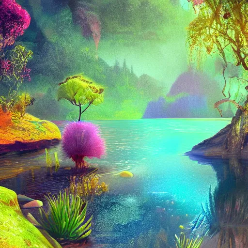 Prompt: beautiful digital painting of a lush natural scene on a colourful alien planet by vincent bons. ultra sharp high quality digital render. detailed. beautiful landscape. weird vegetation. water. soft colour scheme. grainy.