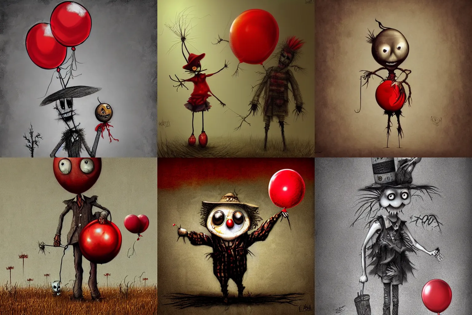 Prompt: surrealism grunge cartoon sketch of a scarecrow with a wide smile and a red balloon by - michael karcz, loony toons style, horror theme, detailed, elegant, intricate