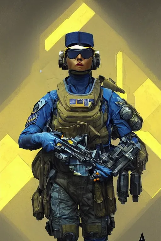 Image similar to a special forces unit soldier modern technology, blue and yellow shoulder patch, realistic portrait full body, symmetrical, highly detailed, digital painting, artstation, concept art, smooth, sharp focus, illustration, cinematic lighting, art by artgerm and greg rutkowski and alphonse mucha