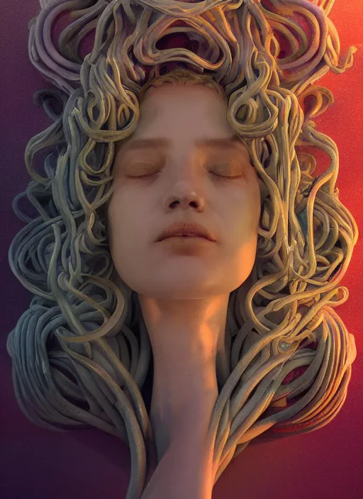 Image similar to medusa made of soft wax, wooden art nouveau swirls, strong subsurface scattering, cables, translucent tubes, subsurface scattering, in the style of ruan jia and beeple and giger, subsurface scattering, mystical colors, rim light, dramatic lighting, 8 k, stunning scene, raytracing, octane render, trending on artstation