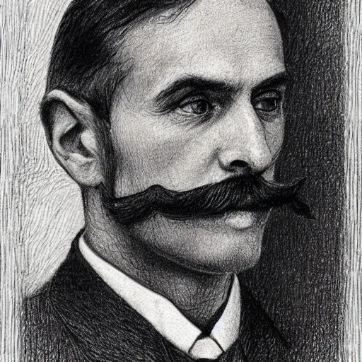 Image similar to A crosshatched portrait drawing of Jerma985 with a pyramidal mustache in the mid-late 1800s, cross haching, crosshatching, mid-late 1800s, grainy, realistic, hyperrealistic, very realistic, highly detailed, very detailed, extremely detailed, detailed, trending on artstation