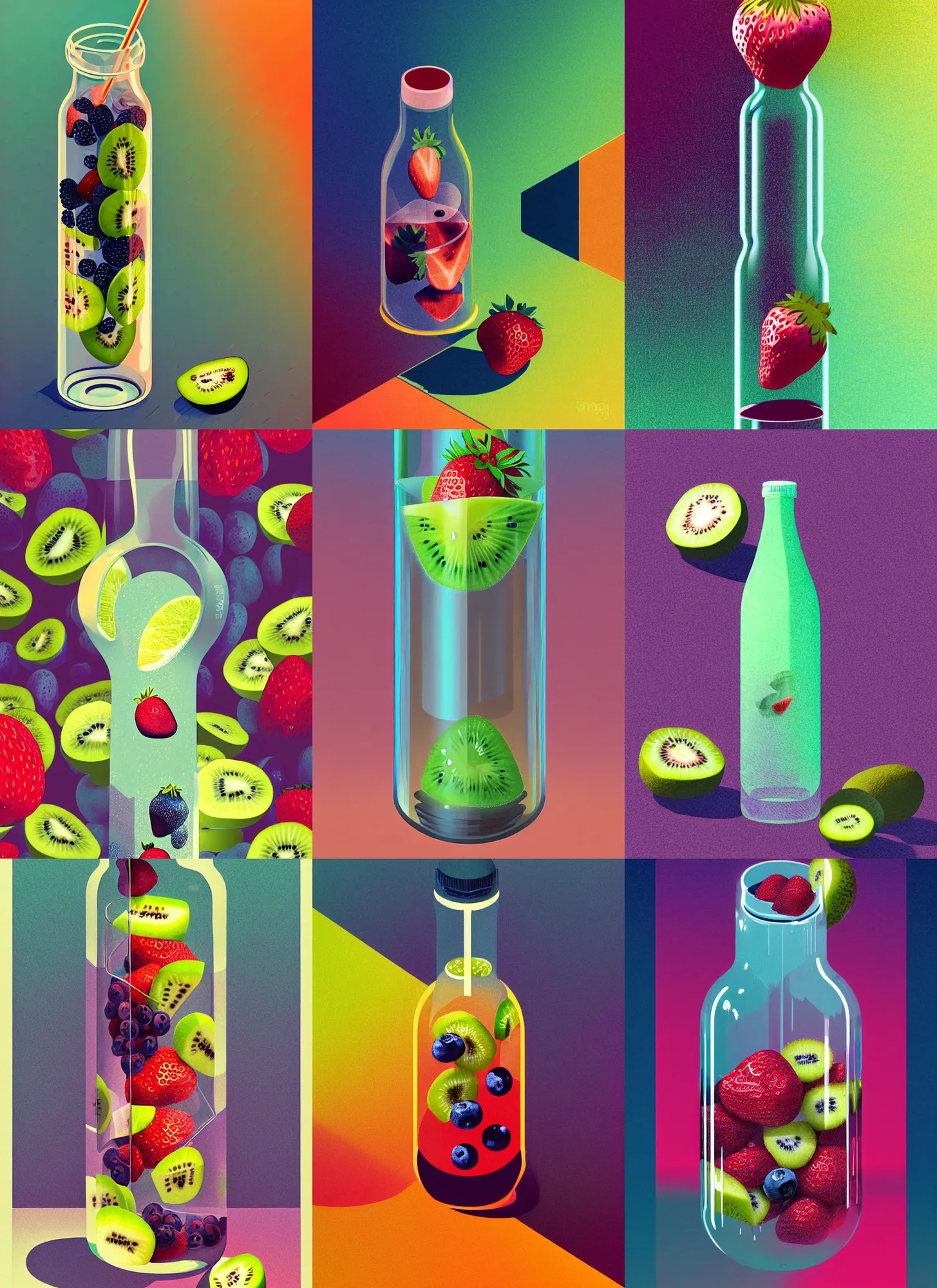 Prompt: ( ( dither ) ), editorial illustration strawberries blueberries sliced kiwi sliced lemon layered inside a clear drinking bottle, isometric, modern art deco, ( ( mads berg ) ), christopher balaskas, victo ngai, rich grainy texture, detailed, dynamic composition, wide angle, matte print, art nouveau, unreal engine