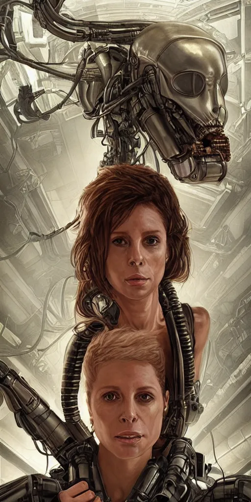 Image similar to portrait of Madison Ivy as Ellen Ripley in Alien, looking at camera, intricate, dystopian, sci-fi, extremely detailed, nostromo corridor, octane render, digital painting, concept art, smooth, sharp focus, illustration, incredible art by artgerm and greg rutkowski and alphonse mucha and simon stalenhag