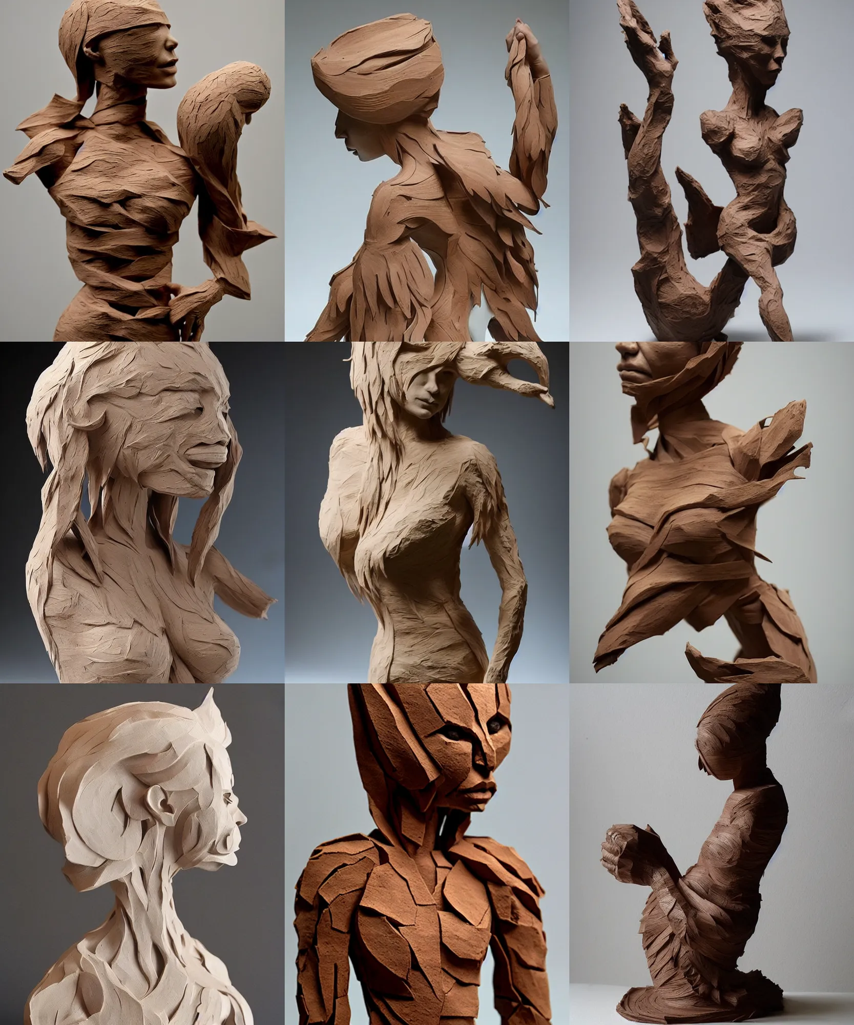 Image similar to wooden craft. rough clay. contemporary sculpture. female figure. low details. beth cavener.