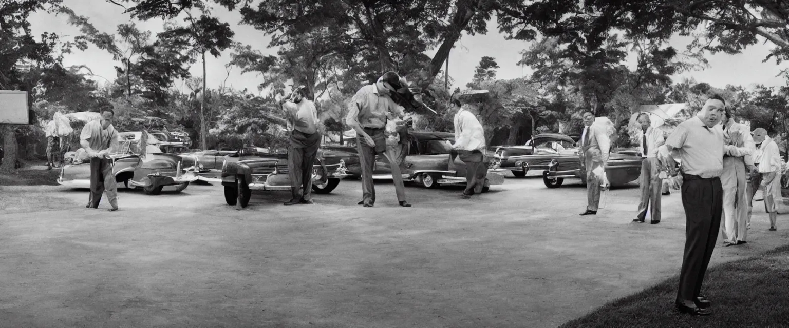 Prompt: detailed sharp photograph in the style of popular science circa 1 9 5 5 and gregory crewdson of overweight men in suits playing golf