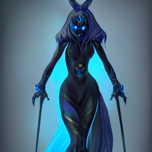 Image similar to dark witch character blue and black colors, highly detailed, digital painting, artstation, concept art, smooth, sharp focus, illustration