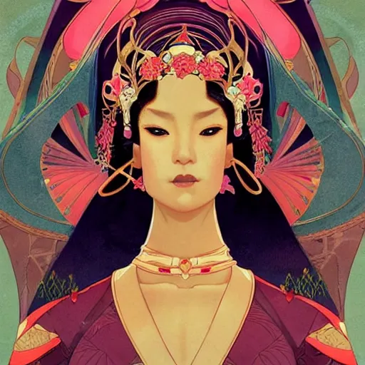 Image similar to asian princess portrait symmetry, with a flower kimono, curvy, royal style, elite, gold, art deco, stylized illustration by peter mohrbacher, moebius, mucha, victo ngai, colorful comic style