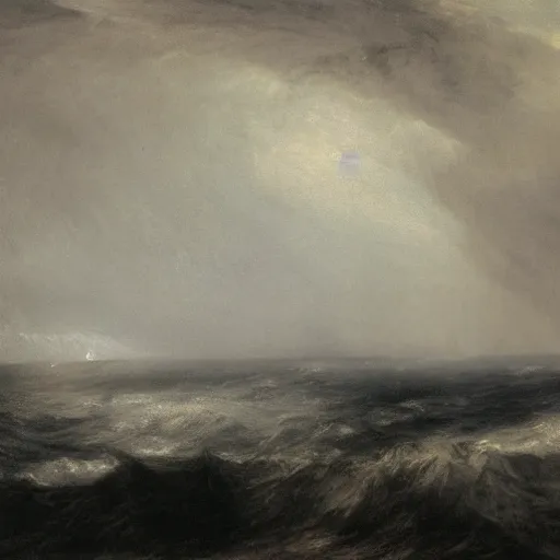 Prompt: Silhouette of a man in a dark coat, stormy sea in the background, sombre, by J.M.W Turner, dark, realistic, high textures, misty