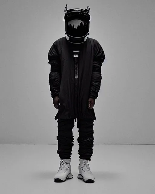 Image similar to Yeezy designed space suit, model, studio photography, clothing drop, unreleased, Yzy, YZY GAP, Balenciaga, minimalist, dystopian feel