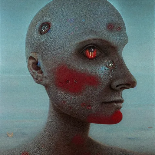 Prompt: her eyes wide by beksinski, oil on canvas